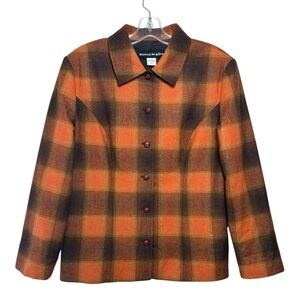 Vintage Wool Plaid Shirt Jacket Size 12 = Small Medium Orange Brown 80s 90s